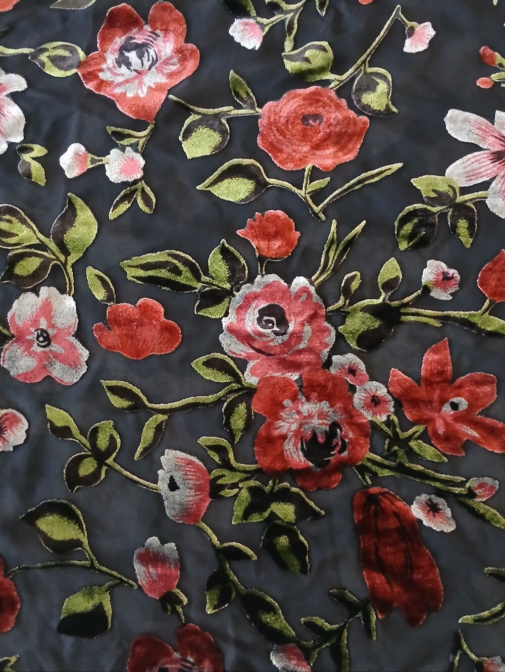 100% SILK Velvet Burnout Roses Knotted Fringe Rectangle Piano Shawl Sheer Wrap - Picture 9 of 9
